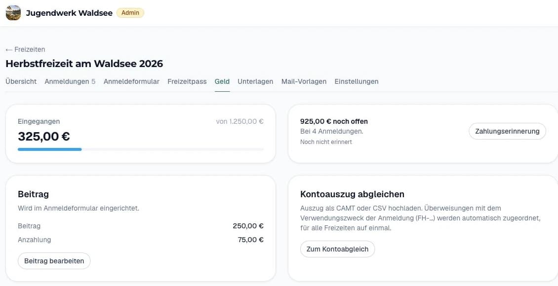 Zahlungsübersicht mit eingegangenen Beiträgen, offenen Beträgen und Anzahlung
