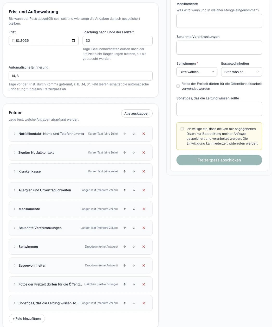 Freizeitpass im Dashboard mit Formularfeldern, Abgabefrist und automatischen Erinnerungen
