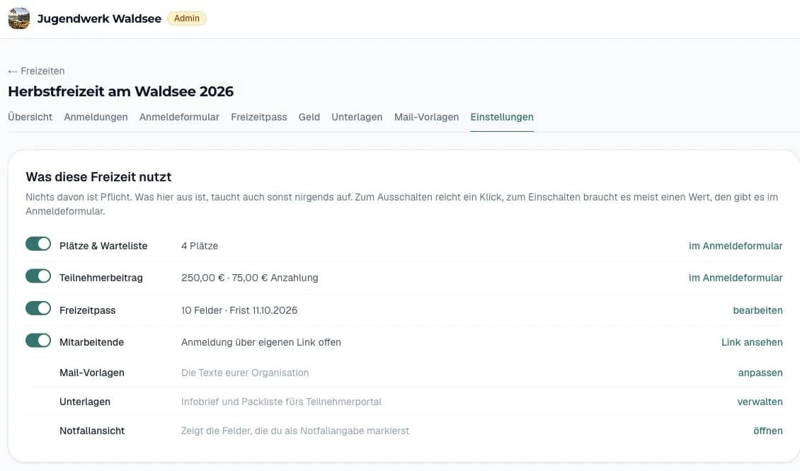 Freizeit-Einstellungen mit aktivierter Mitarbeitenden-Anmeldung und eigenem Anmeldelink
